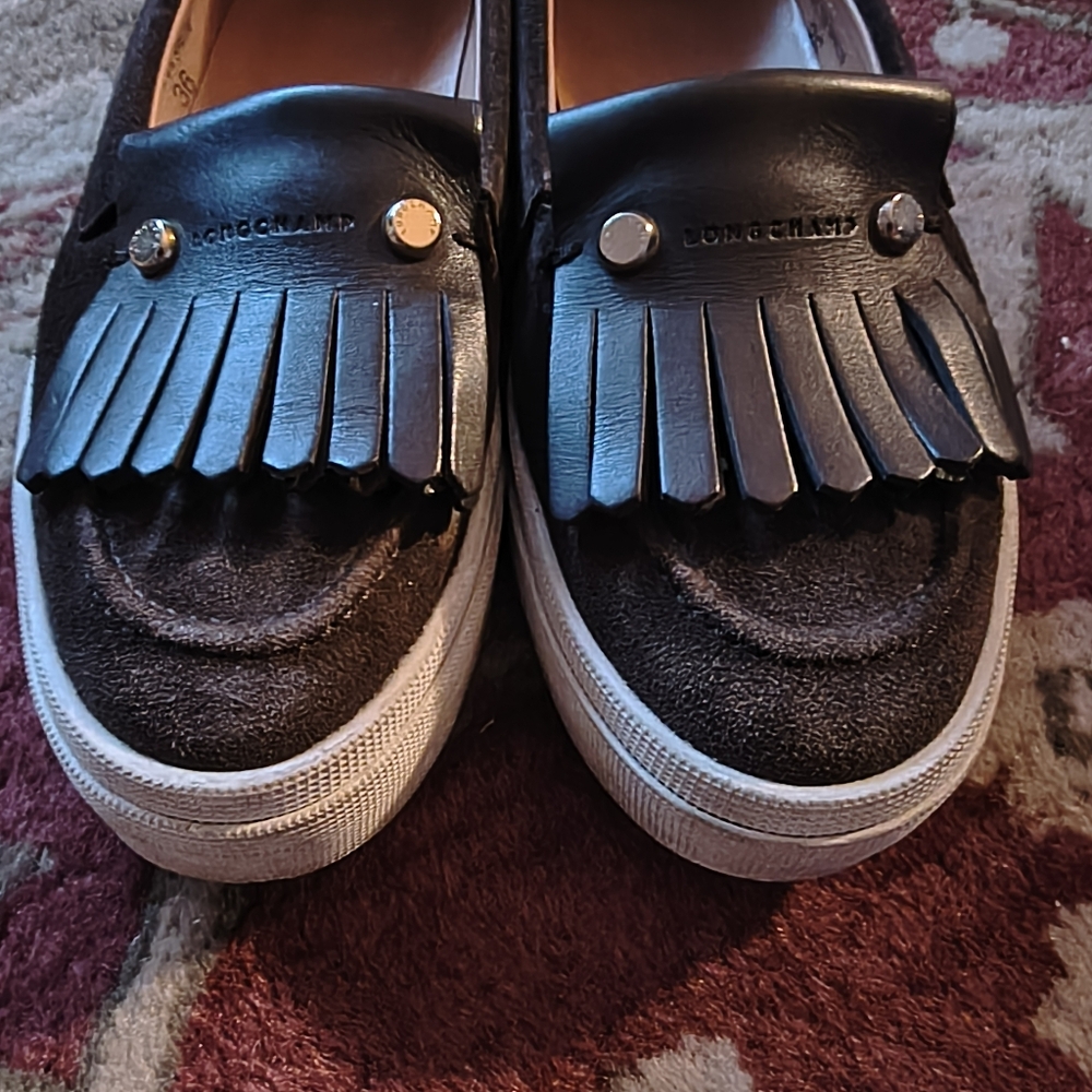 Longchamp Brown Leather And Suede Ghillie Fringe Platform Sneakers 36 - Picture 4 of 9